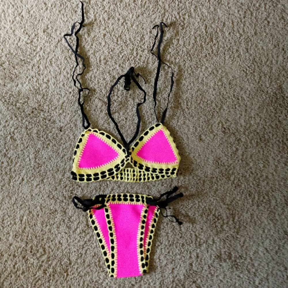 Strappy Halter Crochet Trimmed Neoprene Swimsuit